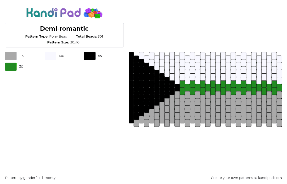 Demi-romantic - Pony Bead Pattern by genderfluid_monty on Kandi Pad - demiromantic,pride,cuff,black,white,gray,green