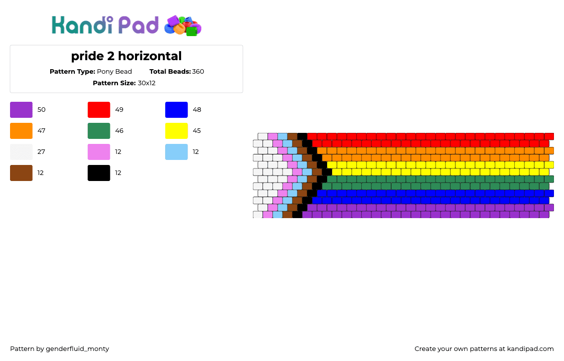 pride 2 horizontal - Pony Bead Pattern by genderfluid_monty on Kandi Pad - rainbow,pride,horizontal,stripes,cuff