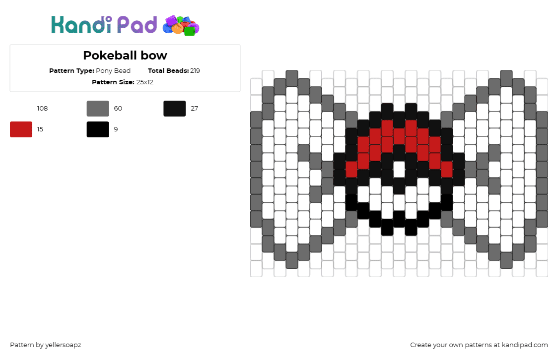 Pokeball bow - Pony Bead Pattern by yellersoapz on Kandi Pad - pokeball,bowtie,pokemon,gaming,red,white