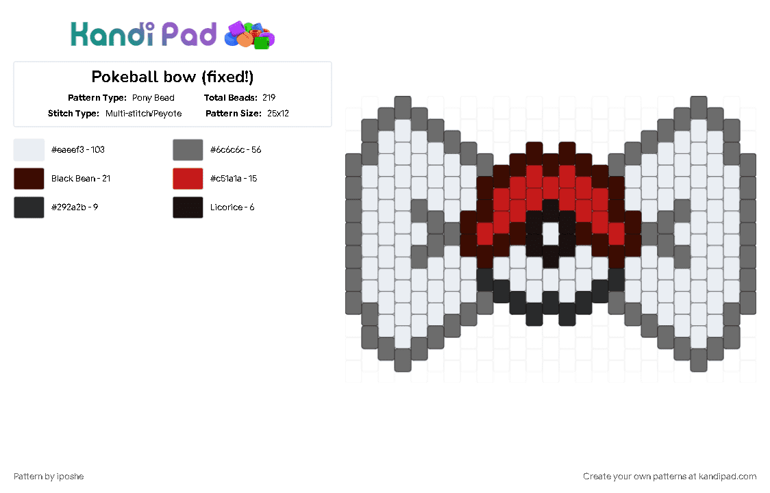 Pokeball bow (fixed!) - Pony Bead Pattern by iposhe on Kandi Pad - bowtie, gray, pokeball, white