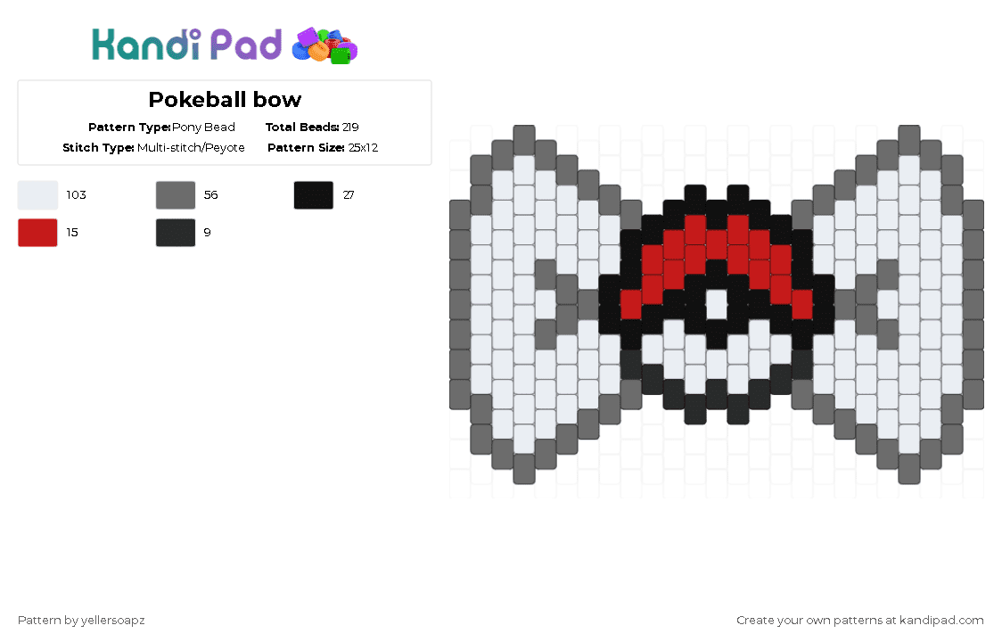 Pokeball bow (fixed!) - Pony Bead Pattern by iposhe on Kandi Pad - pokeball,bowtie,white,gray