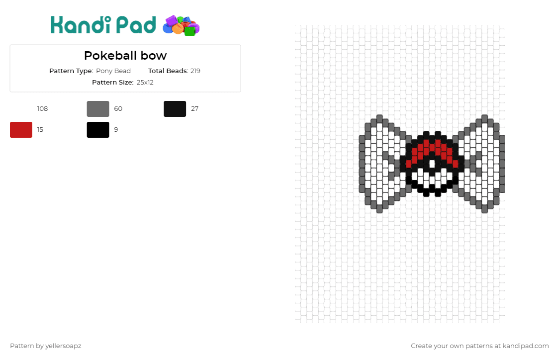 Pokeball bow - Pony Bead Pattern by yellersoapz on Kandi Pad - pokeball,bowtie,pokemon,accessorize,playful,fashion,iconic,charm,classic,flair,style,white