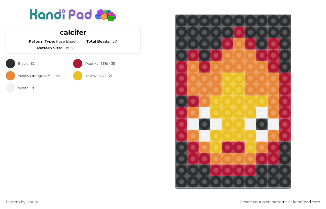 calcifer - Fuse Bead Pattern by jeauty on Kandi Pad - calcifer,howls moving castle,ghibli,anime,movie,character,fire,flame,face,orange,yellow,purple