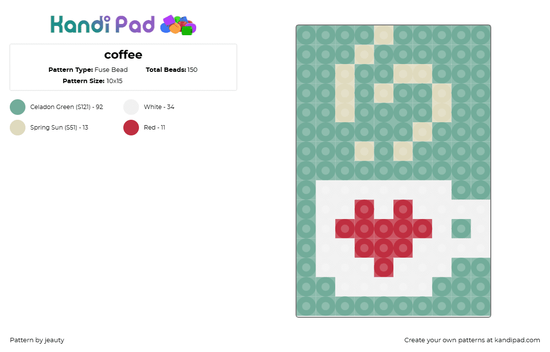 coffee - Fuse Bead Pattern by jeauty on Kandi Pad - coffee,mug,heart,steam,drink,breakfast,teal,white,red