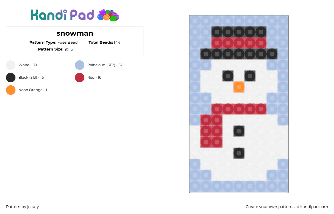 snowman - Fuse Bead Pattern by jeauty on Kandi Pad - snowman,winter,christmas,festive,white,red,light blue