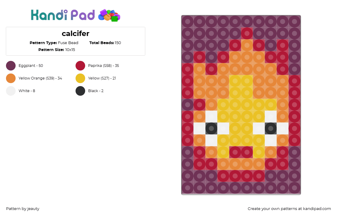 calcifer - Fuse Bead Pattern by jeauty on Kandi Pad - calcifer,howls moving castle,ghibli,anime,movie,character,fire,flame,face,orange,yellow,purple