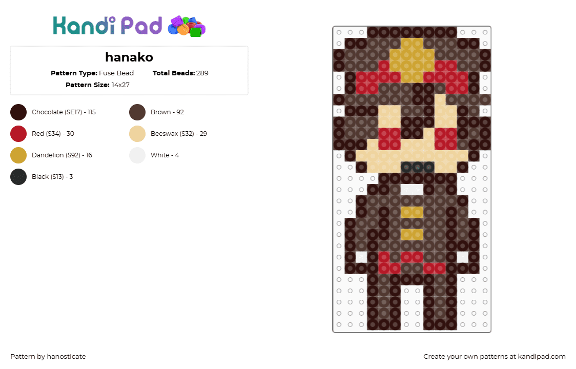 hanako - Fuse Bead Pattern by hanosticate on Kandi Pad - hanako,toilet bound hanako kun,manga,character,brown,red