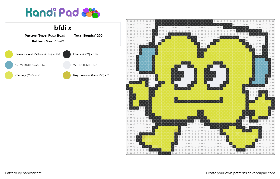 bfdi x - Fuse Bead Pattern by hanosticate on Kandi Pad - x,bfdi,bfb,character,headphones,animation,tv show,yellow,green