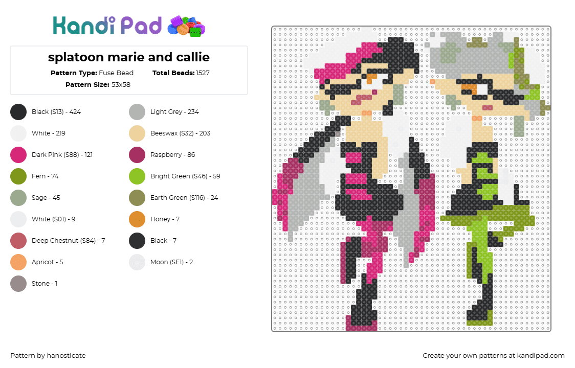 splatoon marie and callie - Fuse Bead Pattern by hanosticate on Kandi Pad - marie,callie,squid sisters,splatoon,characters,video game,pink,green