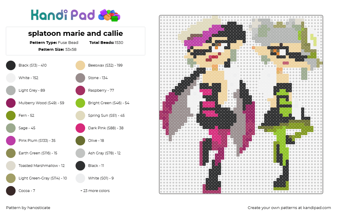 splatoon marie and callie - Fuse Bead Pattern by hanosticate on Kandi Pad - marie,callie,squid sisters,splatoon,characters,video game,pink,green