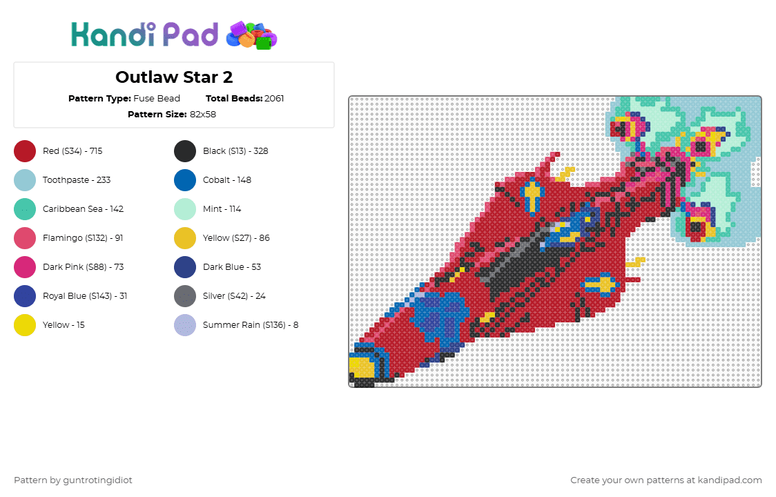 Outlaw Star 2 - Fuse Bead Pattern by guntrotingidiot on Kandi Pad - blue,red,light blue,outlaw star,anime,toonami,adult swim,space opera,spaceship