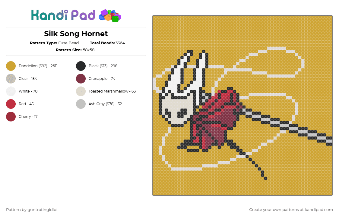 Silk Song Hornet - Fuse Bead Pattern by guntrotingidiot on Kandi Pad - orange,silk song,hornet,video game,metroidvania,platformer,hollow knight