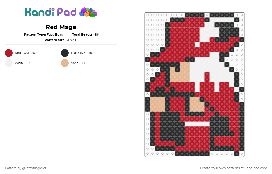 Red Mage - Fuse Bead Pattern by guntrotingidiot on Kandi Pad - red,final fantasy,red mage,mage,magic,wizard,video game