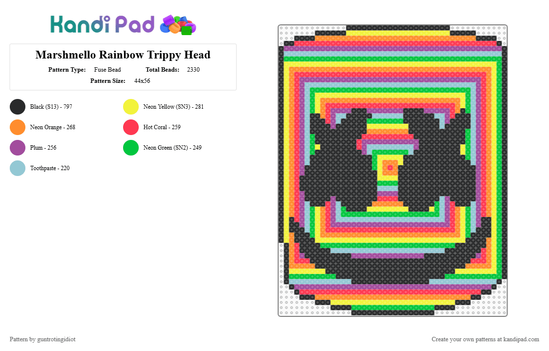 Marshmello Rainbow Trippy Head 1 - Fuse Bead Pattern by guntrotingidiot on Kandi Pad - orange,green,colorful,marshmello,dj,edm,rainbow,trippy,hypnotic,illusion