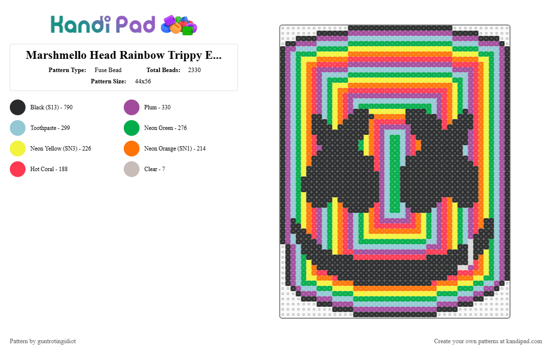 Marshmello Head Rainbow Trippy Experiment - Fuse Bead Pattern by guntrotingidiot on Kandi Pad - colorful, dj, edm, green, marshmello, orange, outline, pink