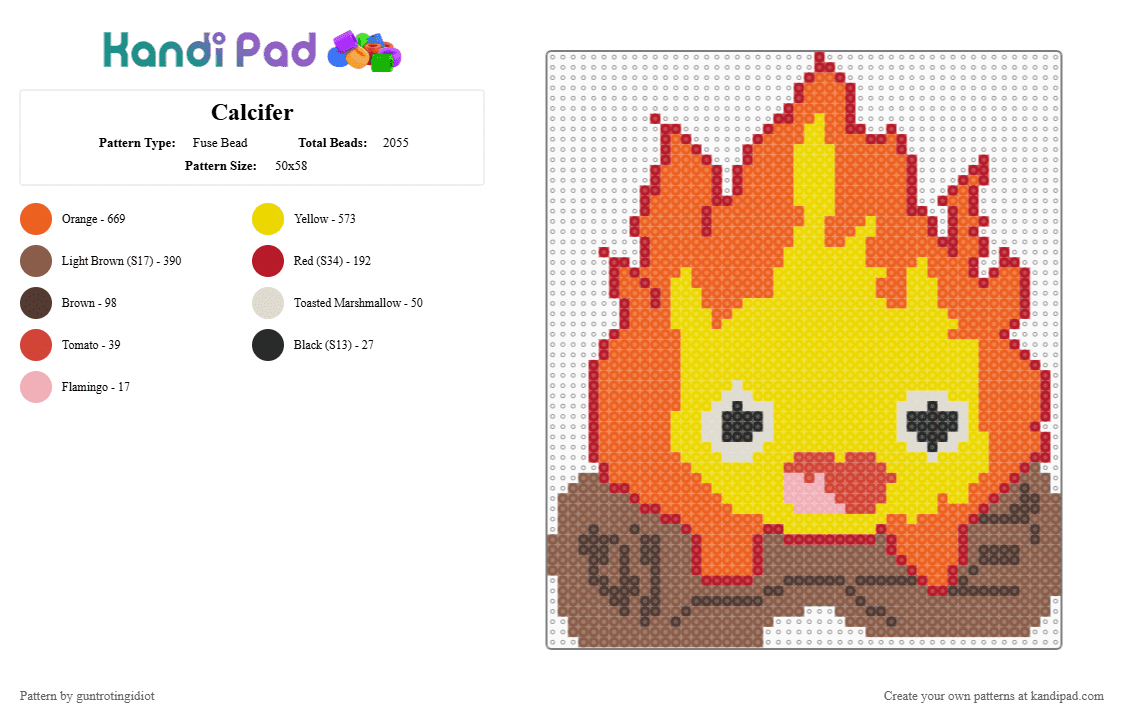 Calcifer - Fuse Bead Pattern by guntrotingidiot on Kandi Pad - orange,yellow,tan,howls moving castle,calcifer,fire,studio ghibli,anime,cute,fire demon
