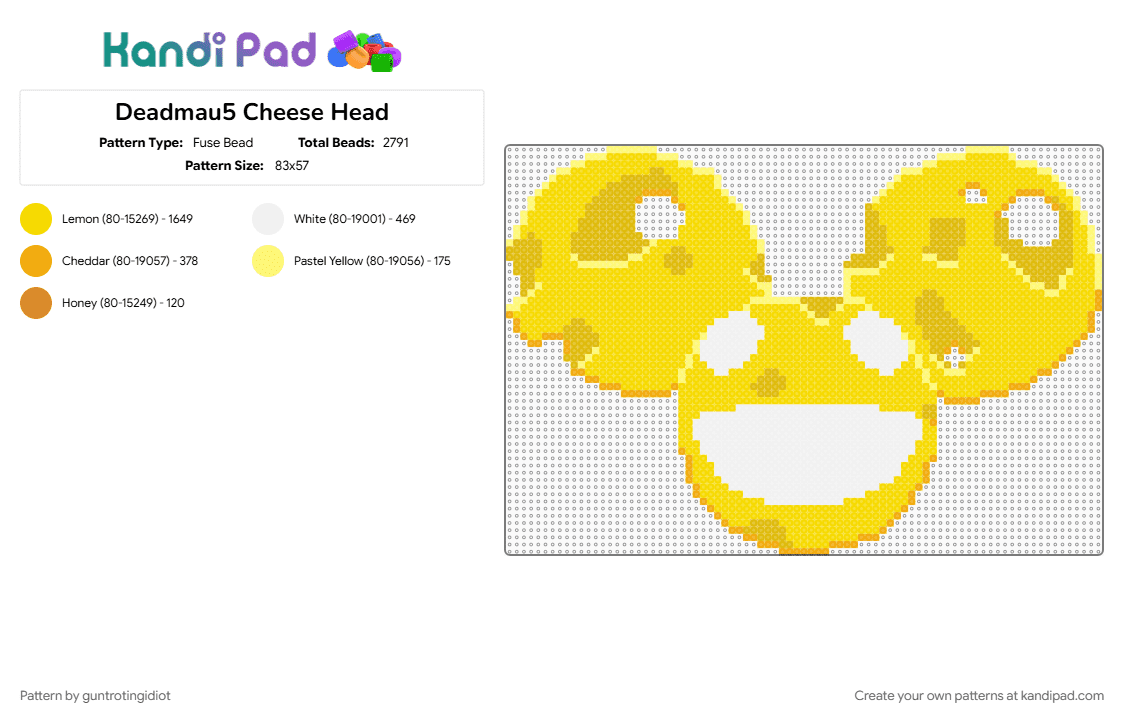 Deadmau5 Cheese Head - Fuse Bead Pattern by guntrotingidiot on Kandi Pad - cheese, cheese head, deadmau5, dj, edm, head, mau5, mau5head, yellow