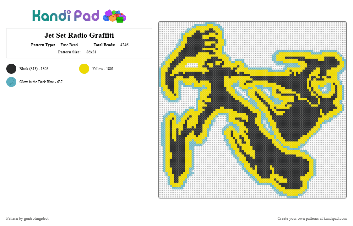 Jet Set Radio Graffiti - Fuse Bead Pattern by guntrotingidiot on Kandi Pad - yellow,light blue,jet set radio,graffiti,dreamcast,sega,roller blades