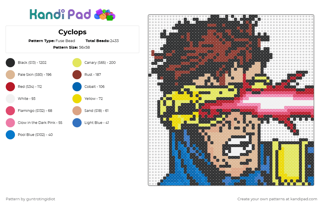 Cyclops - Fuse Bead Pattern by guntrotingidiot on Kandi Pad - black,yellow,red,beige,cyclops,xmen,marvel,comic book,cartoon