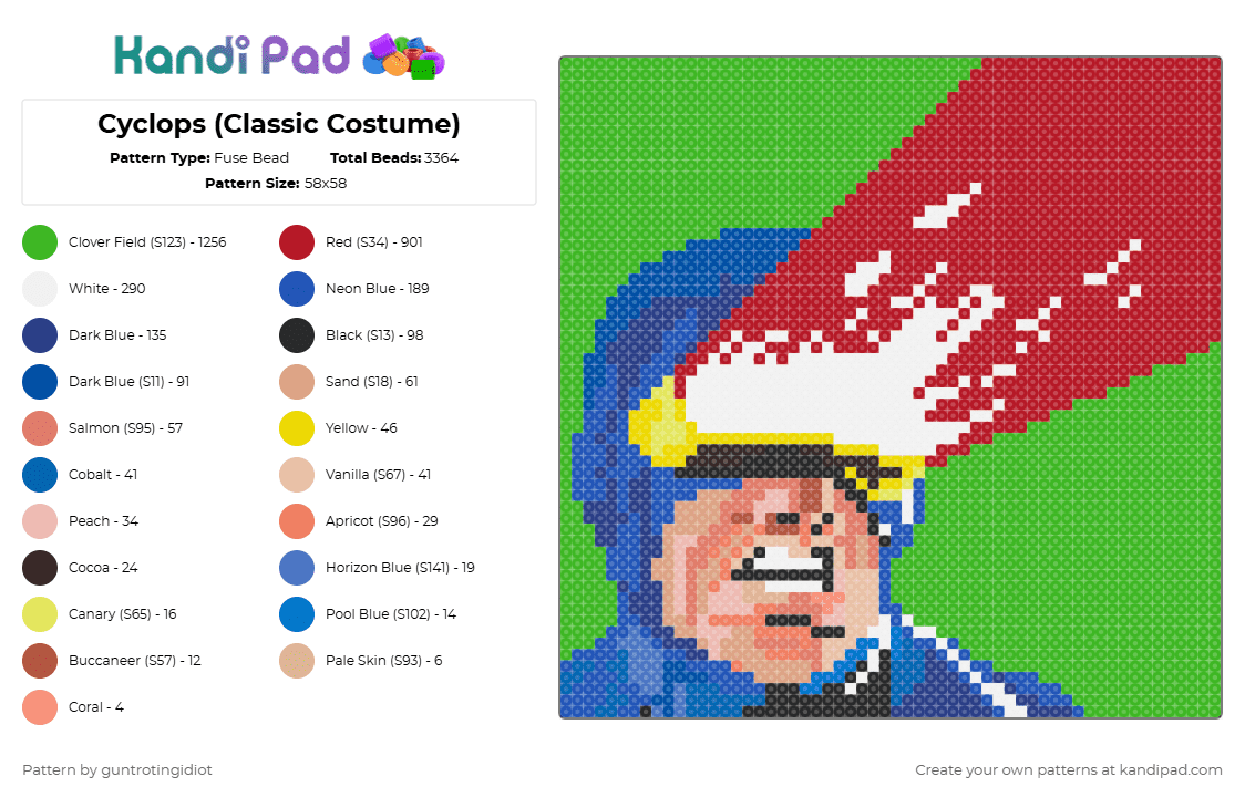 Cyclops (Classic Costume) - Fuse Bead Pattern by guntrotingidiot on Kandi Pad - red,blue,green,cyclops,xmen,comic book,cartoon,hero,marvel,superhero,marvel comics