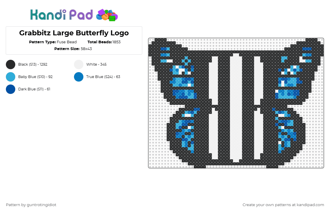 Grabbitz Large Butterfly Logo - Fuse Bead Pattern by guntrotingidiot on Kandi Pad - black,white,light blue,blue,grabbitz,dj,edm,butterfly