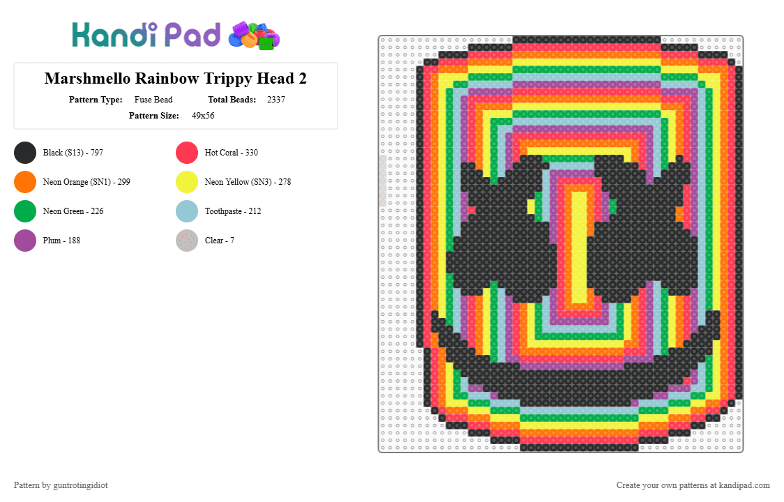 Marshmello Rainbow Trippy Head 2 - Fuse Bead Pattern by guntrotingidiot on Kandi Pad - red,yellow,light blue,colorful,marshmello,dj,edm,trippy,psychedelic,illusion,rainbow