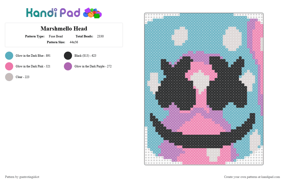 Marshmello Head - Fuse Bead Pattern by guntrotingidiot on Kandi Pad - pink,light blue,marshmello,dj,edm,glow in the dark