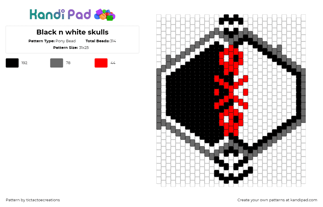 Black n white skulls - Pony Bead Pattern by tictactoecreations on Kandi Pad - skulls,spooky,mask,yin yang,halloween,black,white,red