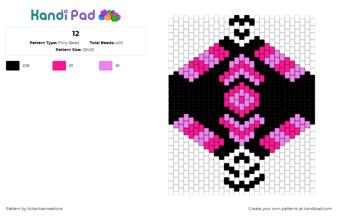 12 - Pony Bead Pattern by tictactoecreations on Kandi Pad - mask,diamond,pink,black,vibrant,mystery,central motif,contrasting colors