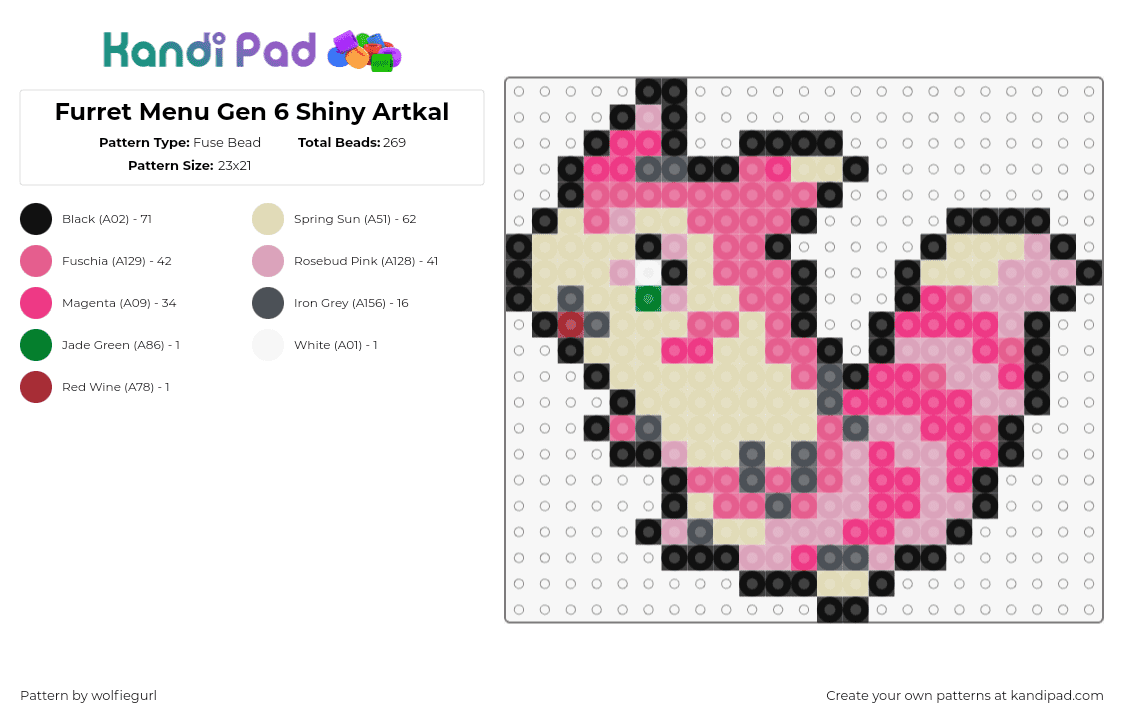 Furret Menu Gen 6 Shiny Artkal green - Fuse Bead Pattern by wolfiegurl on Kandi Pad - furret,pokemon,character,gaming,beige,pink