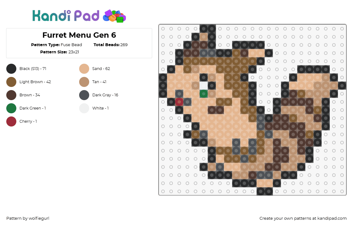 Furret Menu Gen 6 - Fuse Bead Pattern by wolfiegurl on Kandi Pad - furret,pokemon,character,gaming,tan,brown