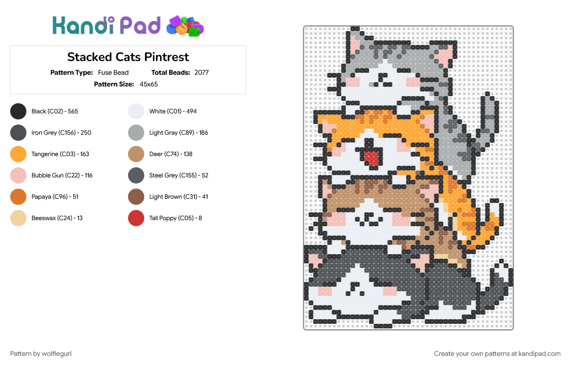 Stacked Cats Pintrest - Fuse Bead Pattern by wolfiegurl on Kandi Pad - gray, orange, purple, tan