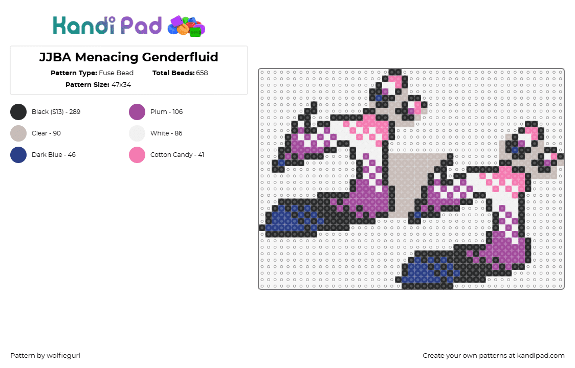 JJBA Menacing Genderfluid - Fuse Bead Pattern by wolfiegurl on Kandi Pad - jjba,jojos bizarre adventure,genderfluid,logo,manga,pink,purple,blue