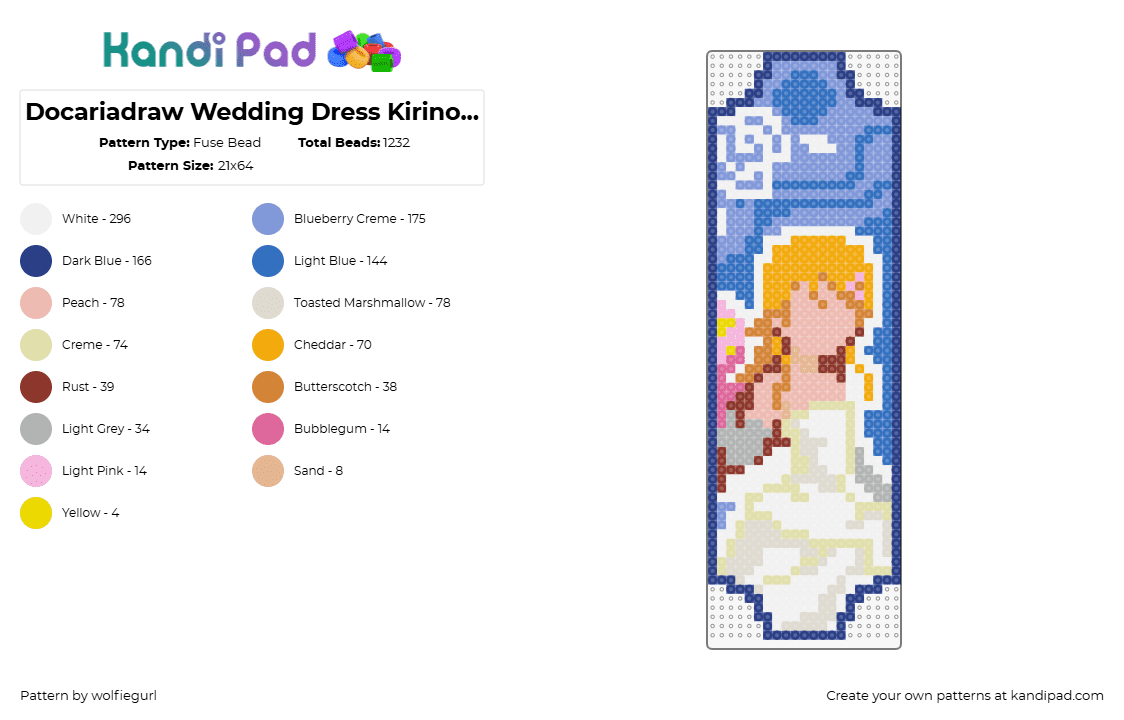 Docariadraw Wedding Dress Kirino Blue - Fuse Bead Pattern by wolfiegurl on Kandi Pad - kirino kosaka,oreimo,bookmark,door hanger,character,manga,anime,blonde,blue,white