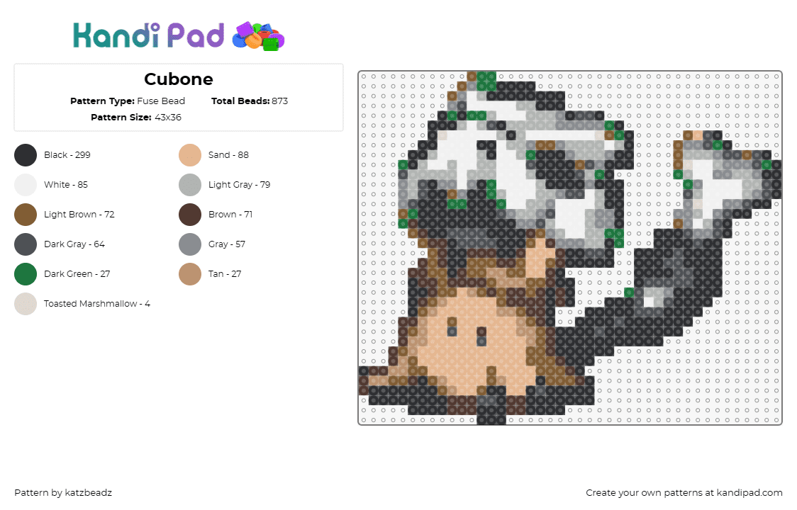 Cubone - Fuse Bead Pattern by katzbeadz on Kandi Pad - cubone,pokemon,anime