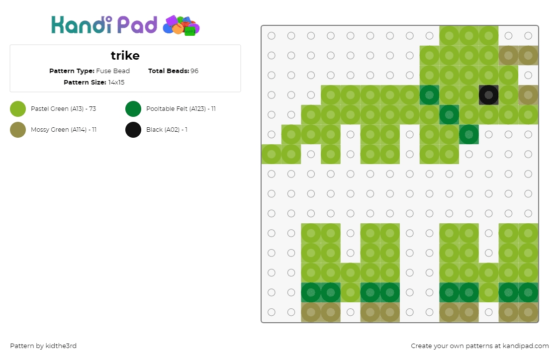 trike - Fuse Bead Pattern by kidthe3rd on Kandi Pad - triceratops,dinosaur,3d,animal,prehistoric,green