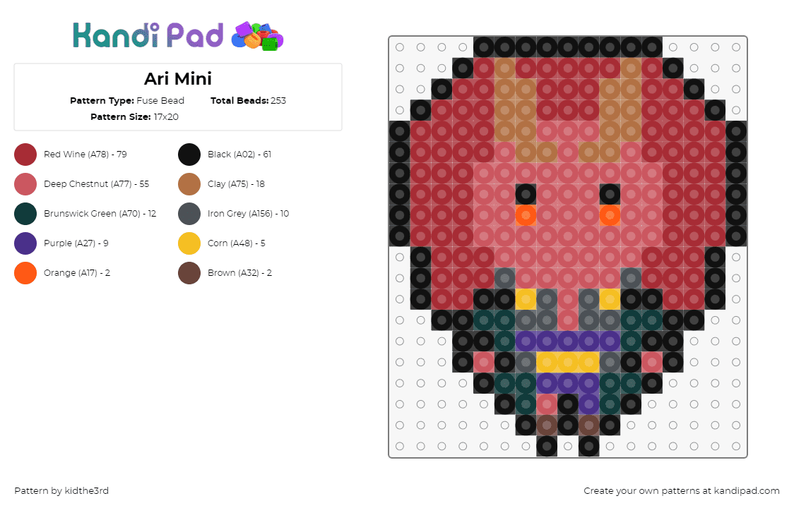 Ari Mini - Fuse Bead Pattern by kidthe3rd on Kandi Pad - ari,chibi,anime,character,horns,red,gray