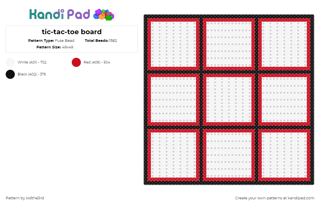 tic-tac-toe board - Fuse Bead Pattern by kidthe3rd on Kandi Pad - tictactoe,grid,geometric,board,squares,game,border,red,white