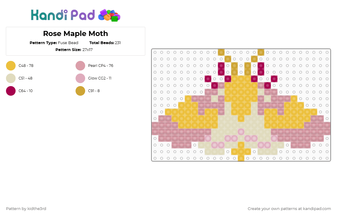 Rose Maple Moth - Fuse Bead Pattern by kidthe3rd on Kandi Pad - yellow,pink