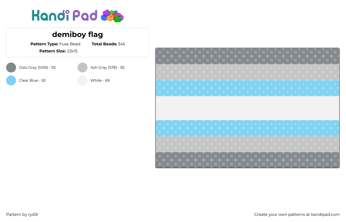 demiboy flag - Fuse Bead Pattern by ryd3r on Kandi Pad - demiboy,flag,pride,light blue,gray