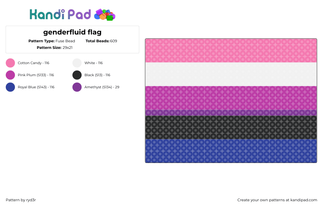 genderfluid flag - Fuse Bead Pattern by ryd3r on Kandi Pad - genderfluid,flag,pride,pink,blue