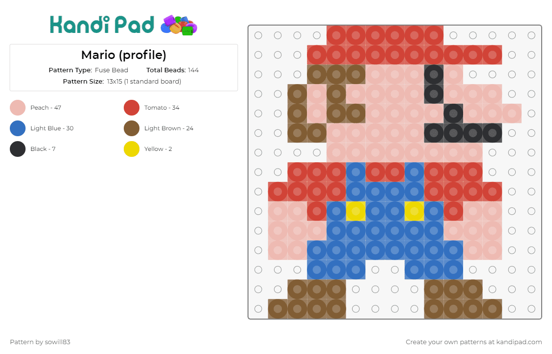 Mario (profile) - Fuse Bead Pattern by sowill83 on Kandi Pad - super mario,nintendo,video games