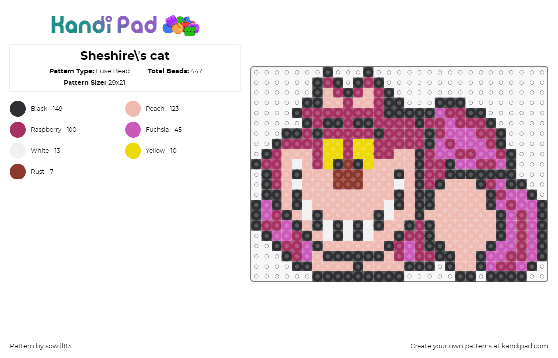 Sheshire\'s cat - Fuse Bead Pattern by sowill83 on Kandi Pad - alice in wonderland,cheshire cat,cats,animals