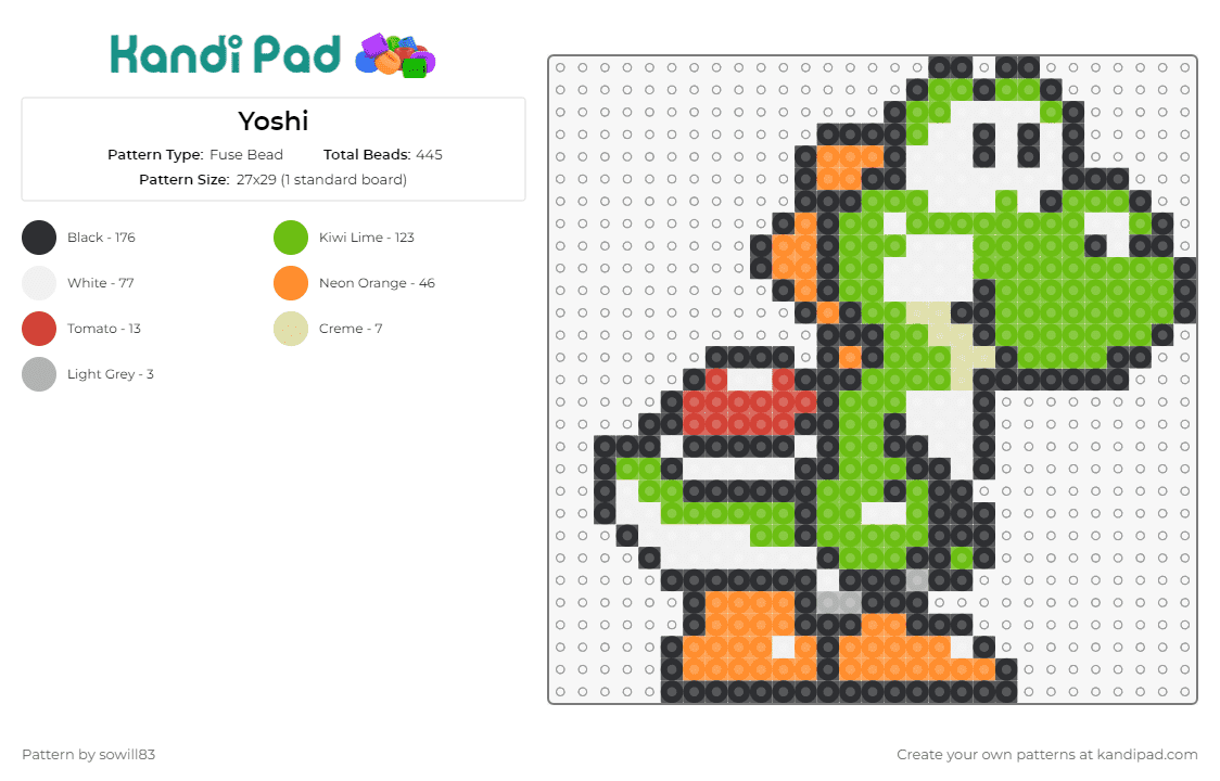 Yoshi - Fuse Bead Pattern by sowill83 on Kandi Pad - yoshi,mario,dinosaurs,nintendo,video games