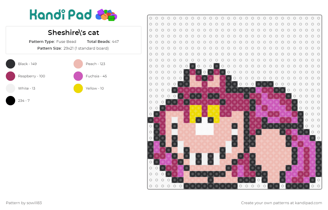 Sheshire\'s cat - Fuse Bead Pattern by sowill83 on Kandi Pad - alice in wonderland,cheshire cat,cats,animals