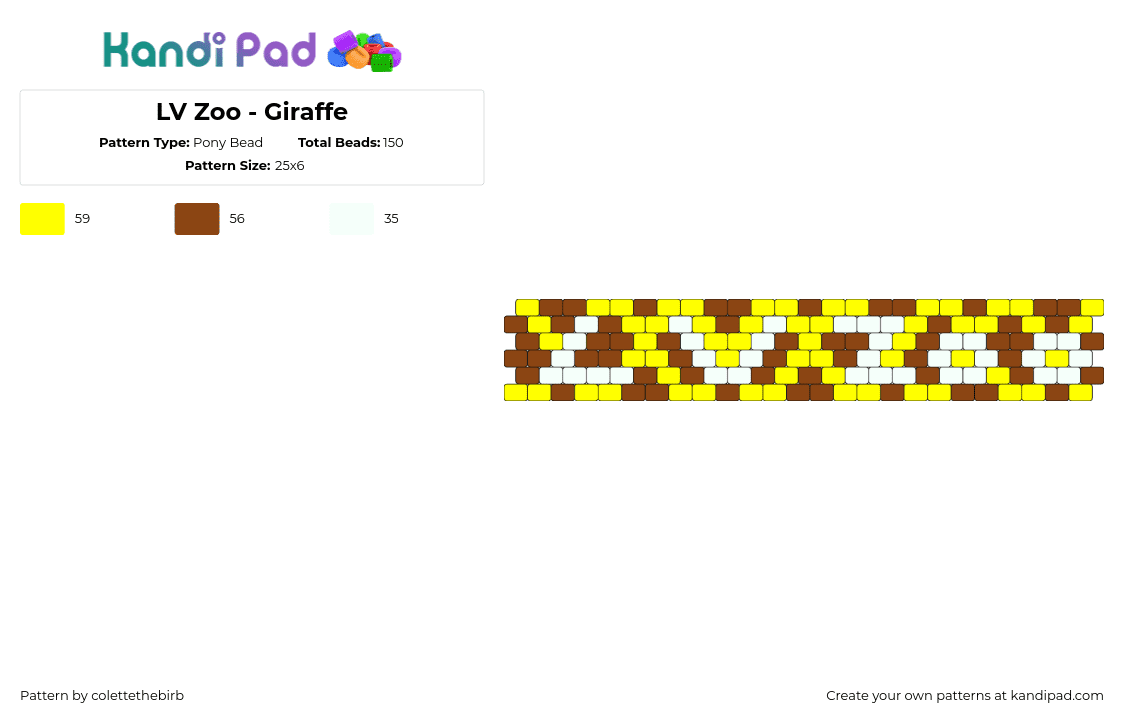 LV Zoo - Giraffe - Pony Bead Pattern by colettethebirb on Kandi Pad - lv zoo,giraffe,spots,animal,text,cuff,yellow,brown