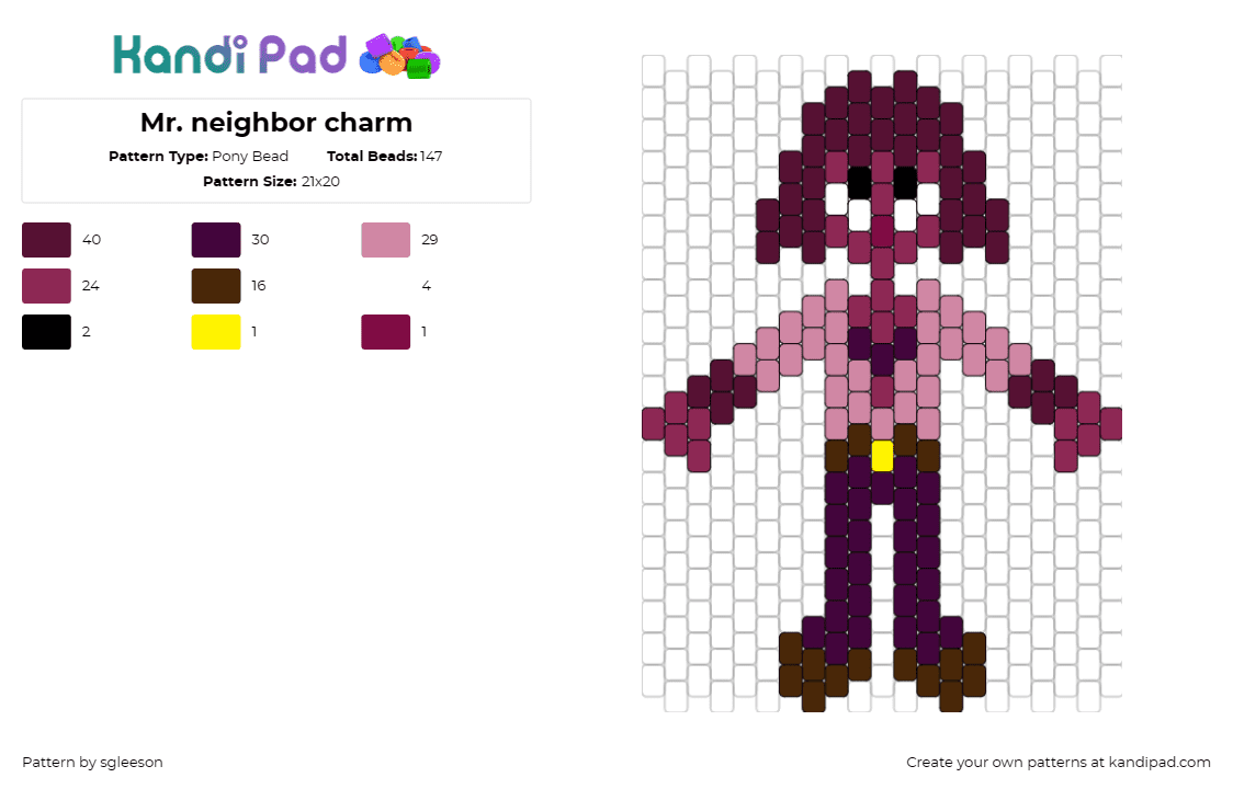 Mr. neighbor charm - Pony Bead Pattern by sgleeson on Kandi Pad - mr neighbor,animal crossing,video game,character,purple,pink