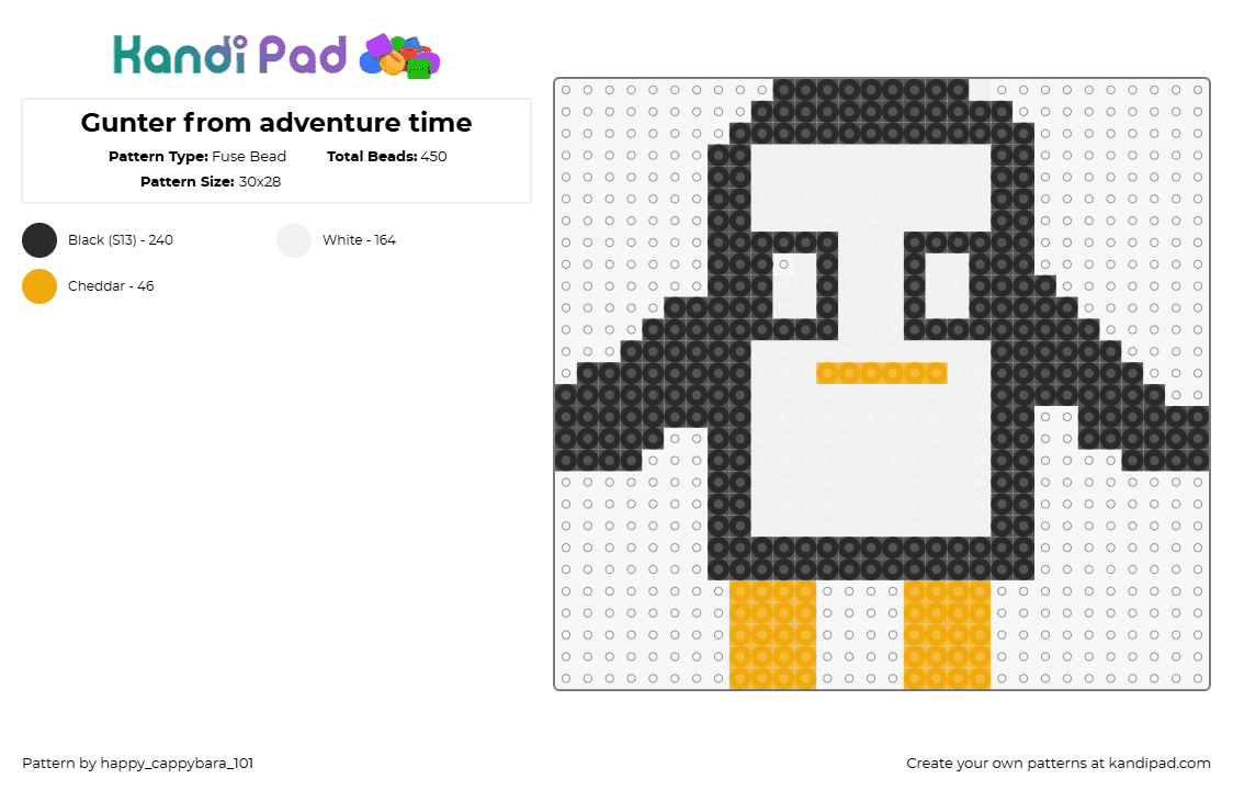 Gunter from adventure time - Fuse Bead Pattern by happy_cappybara_101 on Kandi Pad - gunter,adventure time,penguin,character,cartoon,tv show,white,black,orange