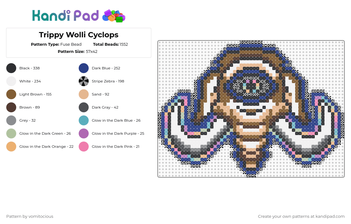 Trippy Wolli Cyclops - Fuse Bead Pattern by vomitocious on Kandi Pad - wooli,dj,edm,music,subtronics,mammoth,cyclops,animal,creature,trippy,blue,tan,brown,beige