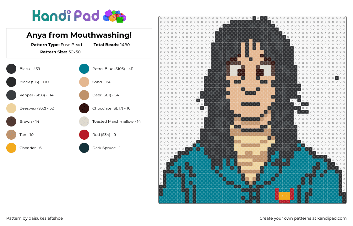 Anya from Mouthwashing! - Fuse Bead Pattern by daisukesleftshoe on Kandi Pad - anya,mouthwashing,portrait,video game,horror,character,teal,tan,black